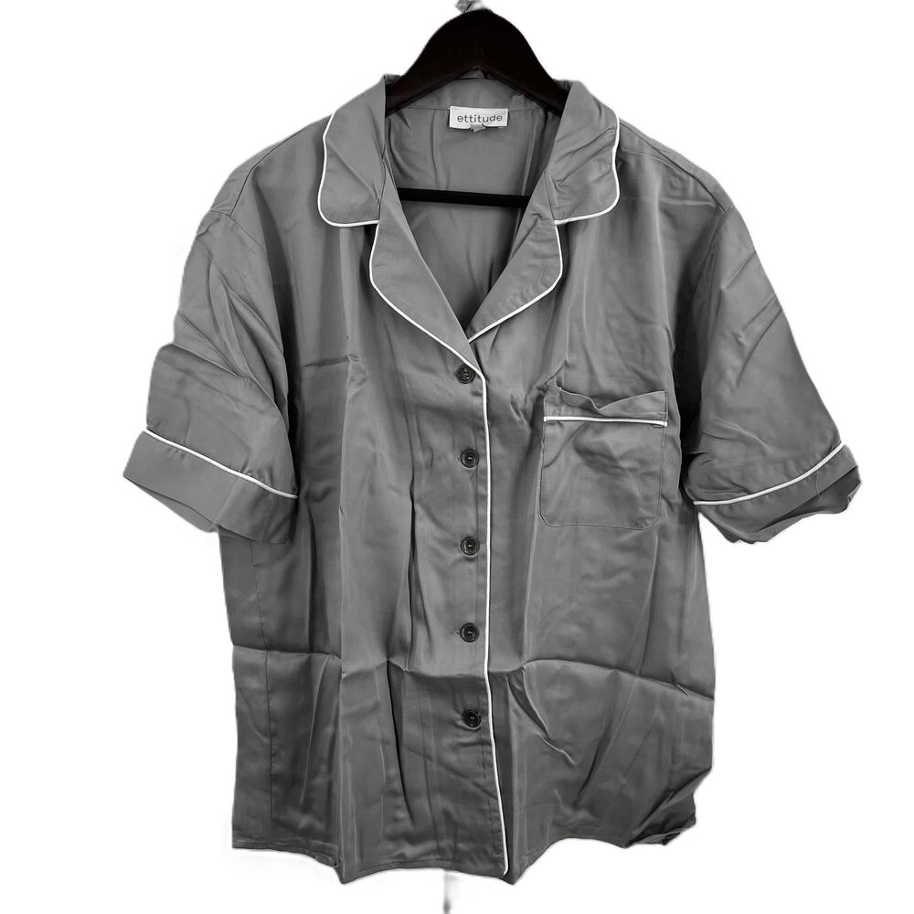 ETTITUDE Pajama Shirt Fog Satin Short‎ Sleeve Button Down Women Medium New